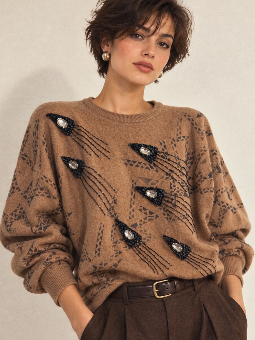 Vintage Miss Orly 70% Wool Embellished Geometric Sweater M